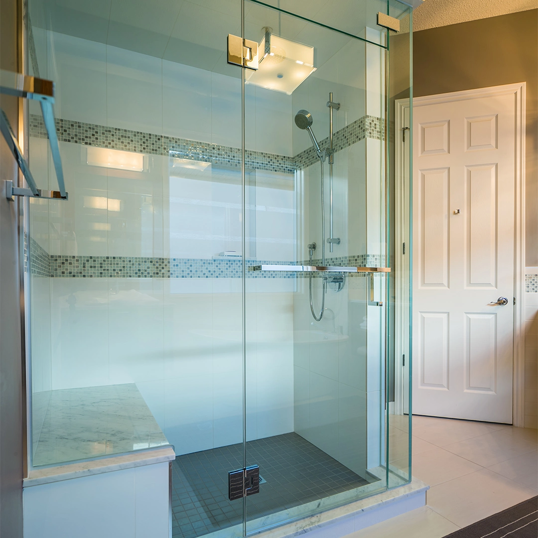 glass shower in newly renovated bathroom